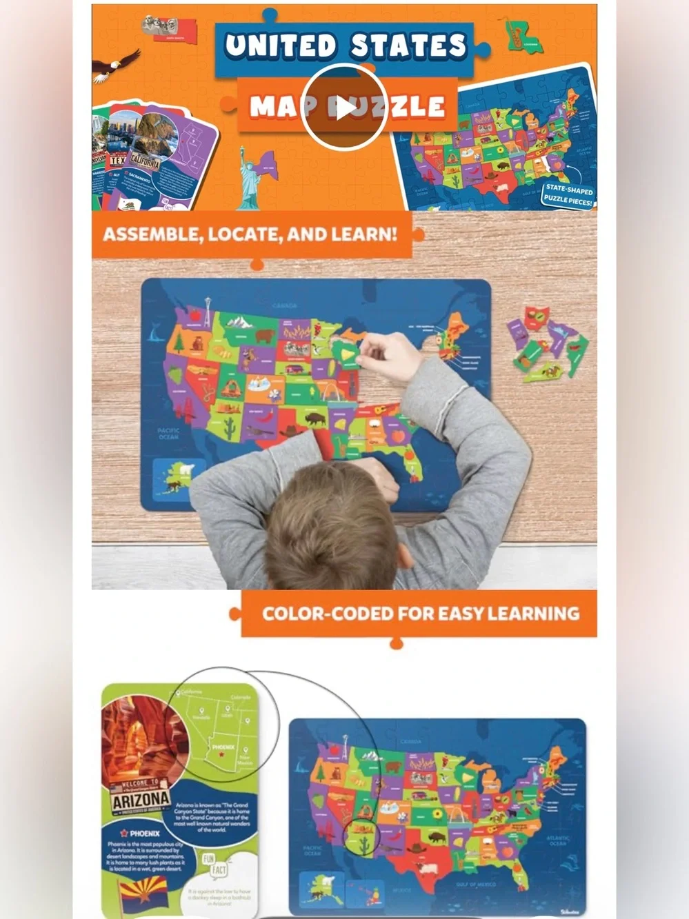 Skillmatics | United States Map Puzzle + 50 State Cards 100% Safe Non-Toxic SET